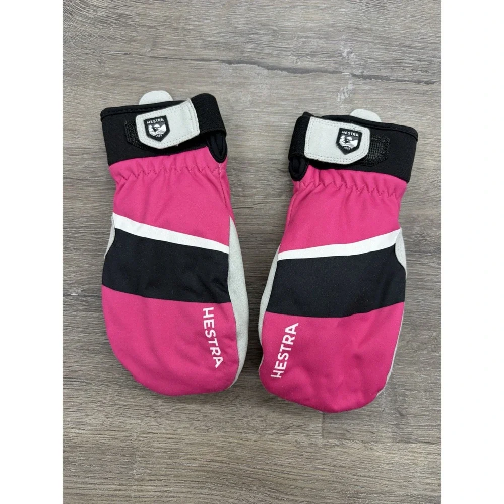 Kids Hestra Heli Ski Jr Mitten Gloves Size 4 Leather Pink/Black Snow Gorpcore